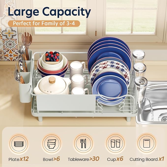 KINGRACK Dish Drying Rack for Kitchen Counter, Dish Drainer with Cup Holder | 16.9"L x 12.4" W Dish Rack with Spacious Drying Capacity, Quick Auto Dish Drainer for Plate Dish Dinnerware, Pale Green - Image 4