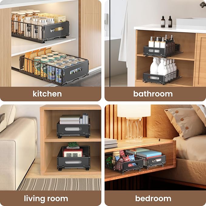 2 Pack Pull Out Cabinet Organizer, Heavy Duty Slide Out Drawer with No Drill Adhesive or Screw Mount, Carbon Steel Roll Out Shelf for Kitchen Cabinet, Pantry & Bathroom Storage - Image 7