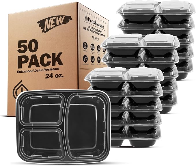 Freshware Meal Prep Containers [50 Pack] 3 Compartment Food Storage Containers with Lids, Bento Box, BPA Free, Stackable, Microwave/Dishwasher/Freezer Safe (24 oz) by Freshware