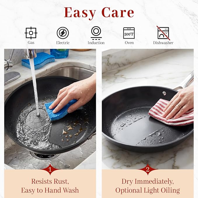 Carbon Steel Frying Pan 12" - Pre-Seasoned Carbon Steel Skillet, Lightweight, Natural Non-Stick, Induction Compatible - Image 8