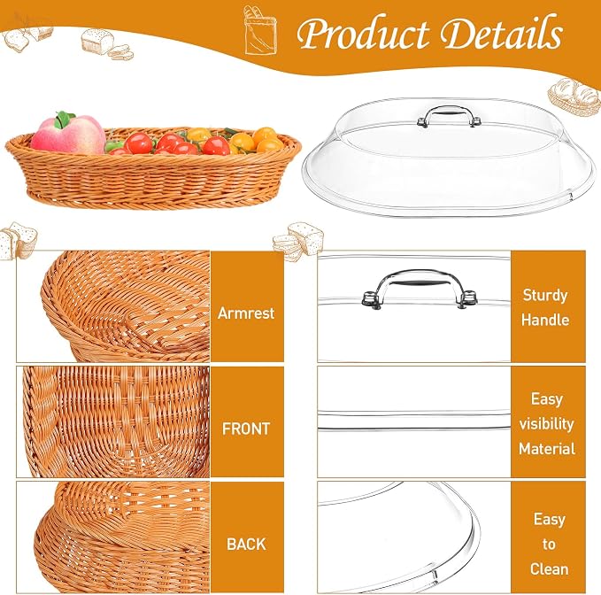 Hushee 2 Set Imitation Rattan Bread Basket with Lid Wicker Bread Baskets for Serving Woven Fruit Basket with Cover Oval Food Baskets for Food Vegetables Display(15.75 x 11.81 Inch) - Image 4