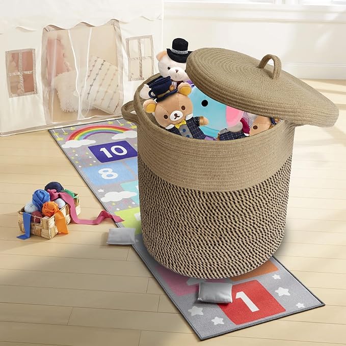 Extra Large Storage Basket with Lid 60L, 16"Wx18"H Woven Laundry Hamper Basket with Handle, Jute Rope Wicker Basket Blankets Pillows Storage in Living Room Baby Nursery, Jute/Black Mix includes Lid - Image 2