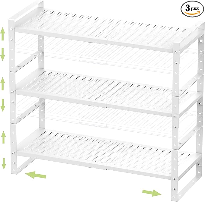Jojocross Expandable Stackable Aadjustable Shoe Rack Pantry Shelf for Kitchen Cabinets Counter Shelves Countertop Cupboard Storage Solution,Sturdy Heavy-Duty Metal Construction(3Packs/White/Medium) by JOJOCROSSHIGHQUALITYLIFE