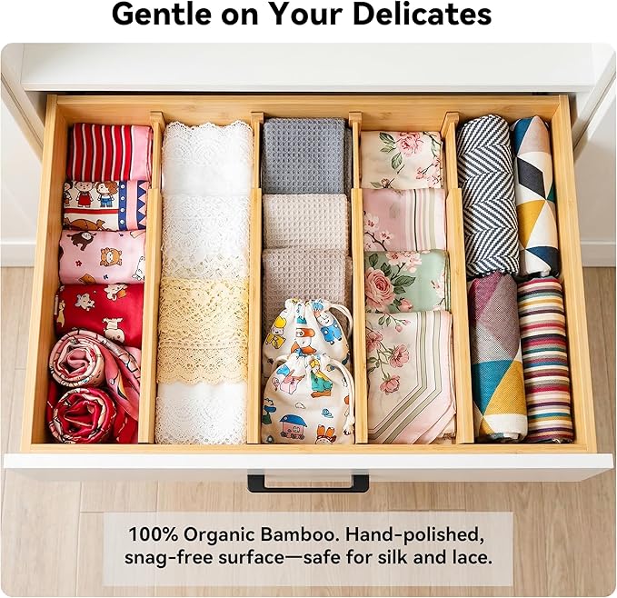 4 Pack 8" Deep Bamboo Drawer Dividers, 17-22" Expandable Kitchen Organizers | Adjustable Spring-Loaded Tension Separators with Foam Pad for Clothes, Utensils, Kitchen, Dresser, Nursery & Bathroom - Image 6
