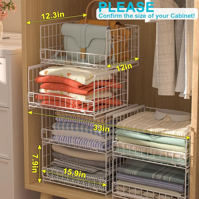 Hongtamoya 4-Tier Sliding Closet Organizers and Storage Shelves, Stackable Closet Shelf Organizer Basket Bins, Drawer Shelf Storage Container for Wardrobe Cupboard Kitchen Bathroom Office, White - Image 3