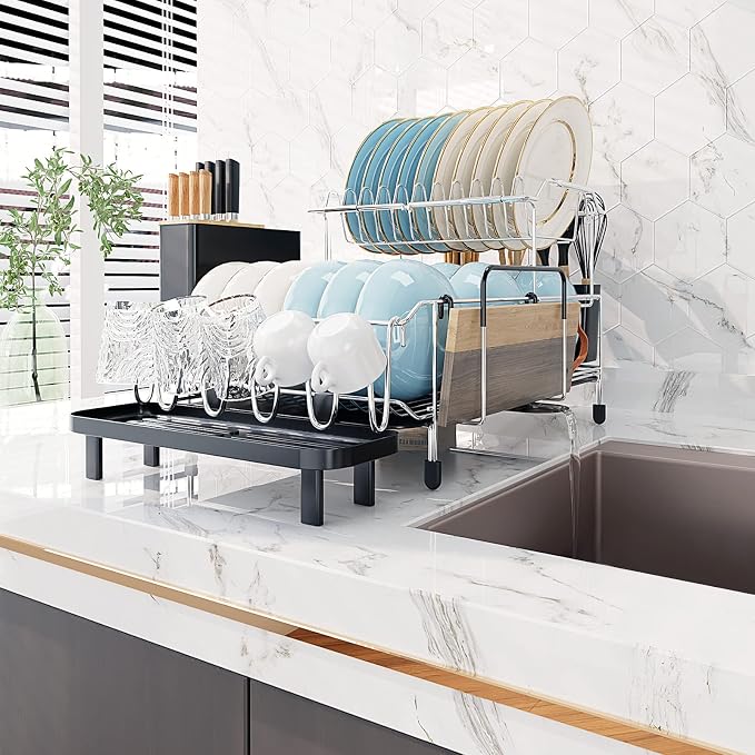 Giantex Dish Drying Rack, 2-Tier Dish Rack with Drainboard and Adjustable Swivel Spout, Large Dish Drainer with Cutting Board Holder, Utensil Holder, Knife Holder and Cup Holder for Kitchen Counter - Image 2