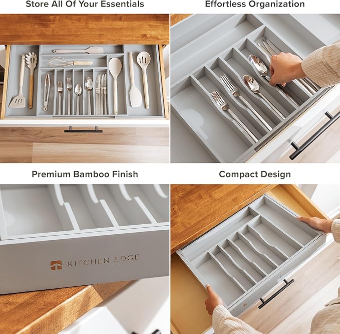 Silverware & Utensil Drawer Organizer, 18-33 in, Gray Bamboo | Cutlery, flatware, food-safe contract grade, kitchen drawer fit - Image 3