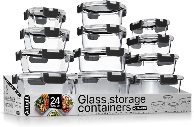 Bakken Borosilicate Glass Food Storage Containers with Lids 24 Pieces, BPA-Free Stackable Lunch & Leftover Containers, Microwave, Freezer & Dishwasher Safe, 100% Airtight Leak-Proof, Black by BAKK%C3%8BNMASTER