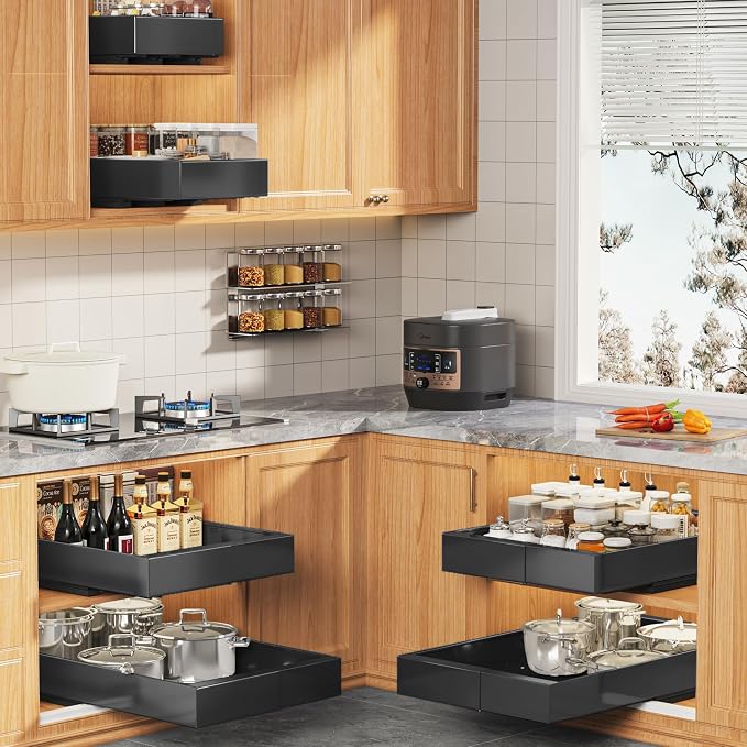 Seinloes 4 Pack Expandable Width (9"-14.1") Pull Out Cabinet Organizer 21" Deep with Raising Pad for Framed Cabinets, Upgrade 3 Slide Rails Slide Out Drawers, Roll Out Shelves Adhesive, Black - Image 6