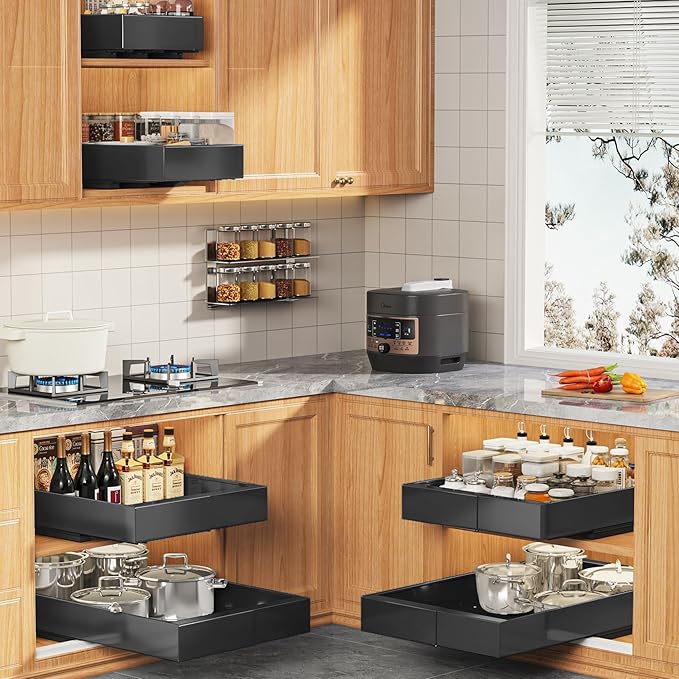 Seinloes 4 Pack Expandable Width (9"-14.1") Pull Out Cabinet Organizer 21" Deep with Raising Pad for Framed Cabinets, Upgrade 3 Slide Rails Slide Out Drawers, Roll Out Shelves Adhesive, Black - Image 6