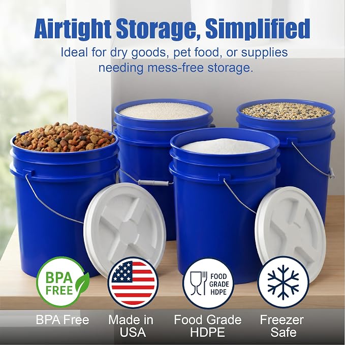 5 Gallon Bucket - Food Grade w/Lid BPA-Free, Blue/White, 6 | Airtight Gamma Seal Screw-On Lid, Heavy-Duty 90 Mil HDPE Plastic, Food Safe and Durable Container, Bulk Storage, Made in USA - Image 2