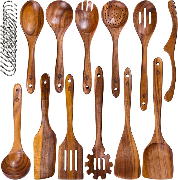 12 Pcs Teak Wooden Utensils Set, Wooden Cooking Utensil with Tong | Non-Toxic & Nonstick Safe Kitchen Utensil, Durable Comfort Grip， Heat Resistant Wood Cookware with Hooks by Vorisebo