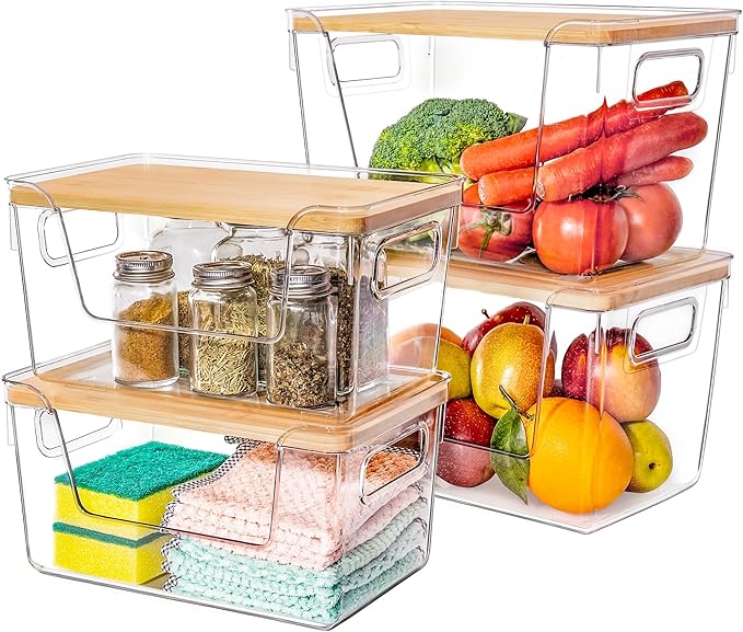 2 Large and 2 Small Pantry Organizers and Storage with Bamboo Lids, Stackable Clear Bins for Onion, Potato, Fruit, Vegetables, Trash Bag Dispenser, Kitchen and Under Sink Organizer by Criusia