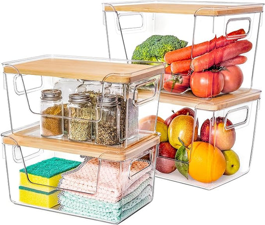 2 Large and 2 Small Pantry Organizers and Storage with Bamboo Lids, Stackable Clear Bins for Onion, Potato, Fruit, Vegetables, Trash Bag Dispenser, Kitchen and Under Sink Organizer by Criusia