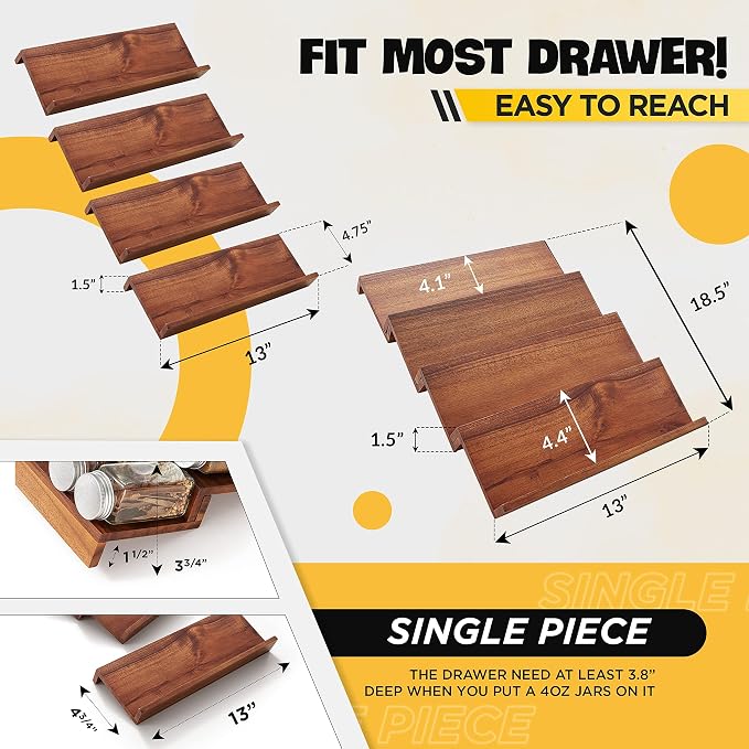 Tinamo Acacia Wooden Spice Rack Organizer for Cabinet - Spice Drawer Insert, Spice Organization for Cabinet, Seasoning Organizer, Spice Holder Pack of 4 (Acacia pack 4) | Acacia Wood Construction, No assembly Required, Stackable 4-tray Design, Spacious... - Image 3