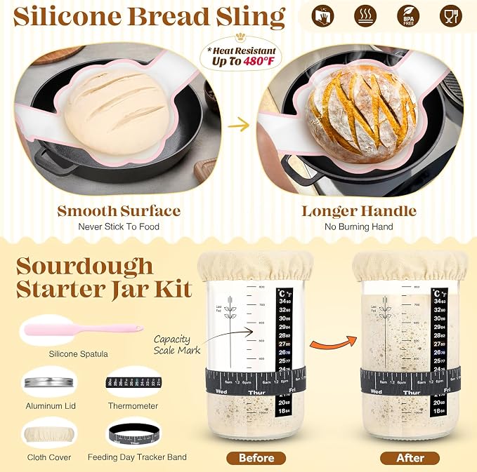 Sourdough Starter Kit Complete Set with Tools, Proofing Baskets, Jars | Pink, 9" Round & 10" Oval Baskets, Sourdough Bread Baking Supplies, Sour dough Beginner Kit Gifts for Bakers Women Wife Mom - Image 4