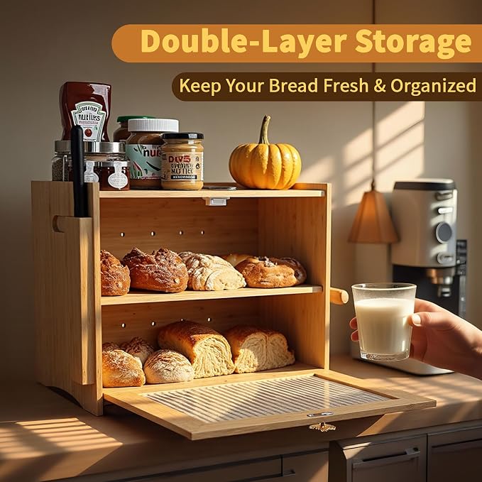 Large Bamboo Bread Box With Tempered Glass Door, Double Layer, Maple Leaf | Double Layer Storage, Countertop Organizer, Bamboo Material, Tempered Glass Door, Large Capacity - Image 3