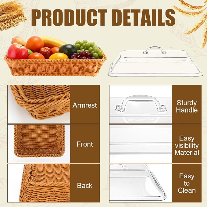 Mumufy 2 Packs Bread Baskets for Serving with Lid 14.17x10.24x2.56'' Imitation Rattan Fruit Storage Basket, and 50 Pcs Food Blotting Sheets for Baker Gift, Kitchen Counter Organization, Bread Display - Image 4