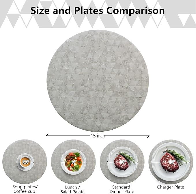 Jovono Upgraded 15" Round Placemats Set of 6, Waterproof & Oil-Proof, Non-Slip Reversible Washable Big Table Mats, Spill-Proof for Kids Families, Restaurant, Hotel, Kitchen, Indoor, Light Gray - Image 4