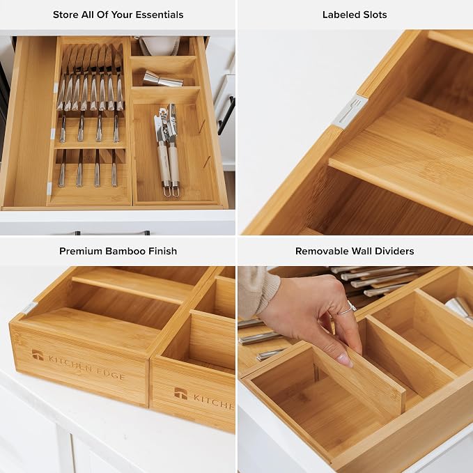 Slanted Silverware & Utensil Organizer, 2 Pack, Bamboo | 3-compartment slanted design, labeled slots, non-slip feet, sustainable bamboo - Image 3