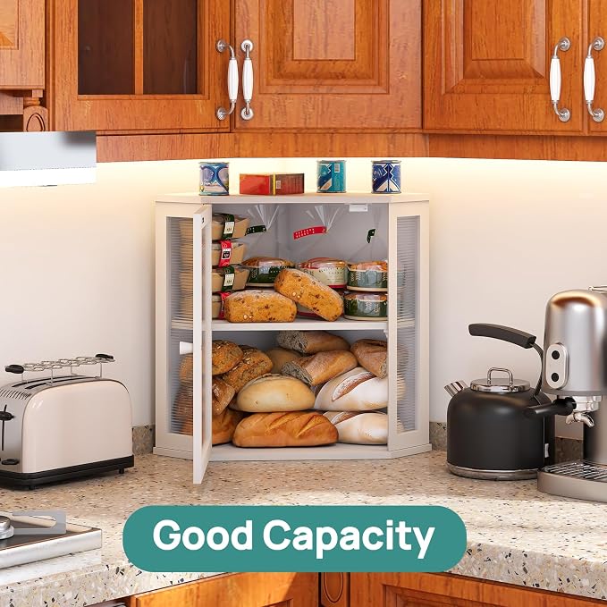 viewcare Corner Bread Box for Kitchen Counter, Bamboo Wood Large Capacity Bread Storage Bin with Acrylic Wavy Door Panel (White, Extra Large) - Image 3