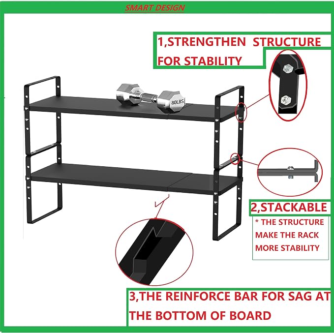 Jojocross Expandable Stackable Spice Rack Cabinet Shelf Organizer in Cabinets Shelves Kitchen Cupboard Organization Stack up Racks Pantry Countertop Storage Large/Black 2 Packs - Image 6