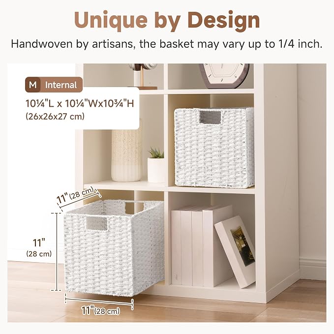 StorageWorks 11 inch Cube Storage Bin, White Storage Cubes, Wicker Baskets | 2-Pack, Handwoven Paper Rope White Wicker Baskets, Wicker Storage Cubes with Handles, Foldable Square Baskets for Organizing - Image 3