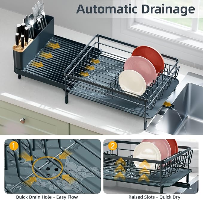 Urackify Extendable Dish Rack, 18.5"-26.7" L x 12.7" W, Dark Slate Gray | Multifunctional large dish rack with cup holder and built-in cutlery holder for versatile drying needs - Image 4