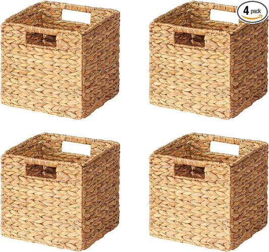SpaceAid 4 Pack Wicker Basket, Storage Baskets for Organizing, Woven Rattan Basket with Handles for Shelves, Water Hyacinth Large Cube Organizer Storage Bin, 10.5x10.5x10.5 inch, Natural by SpaceAid