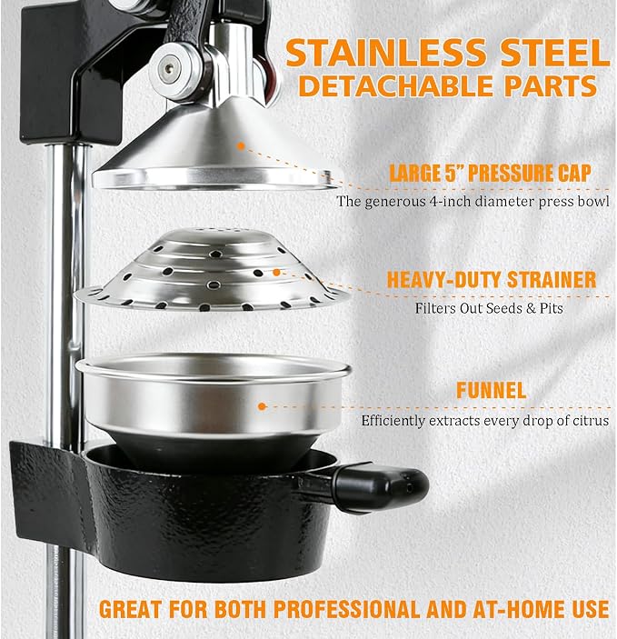Juicer Manual Cast Iron Citrus Juicer, Heavy-Duty Orange Lemon Squeezer, Extra-Large Commercial Citrus Press, Easy to Clean with Bonus Stainless Steel Cup (Black) - Image 5