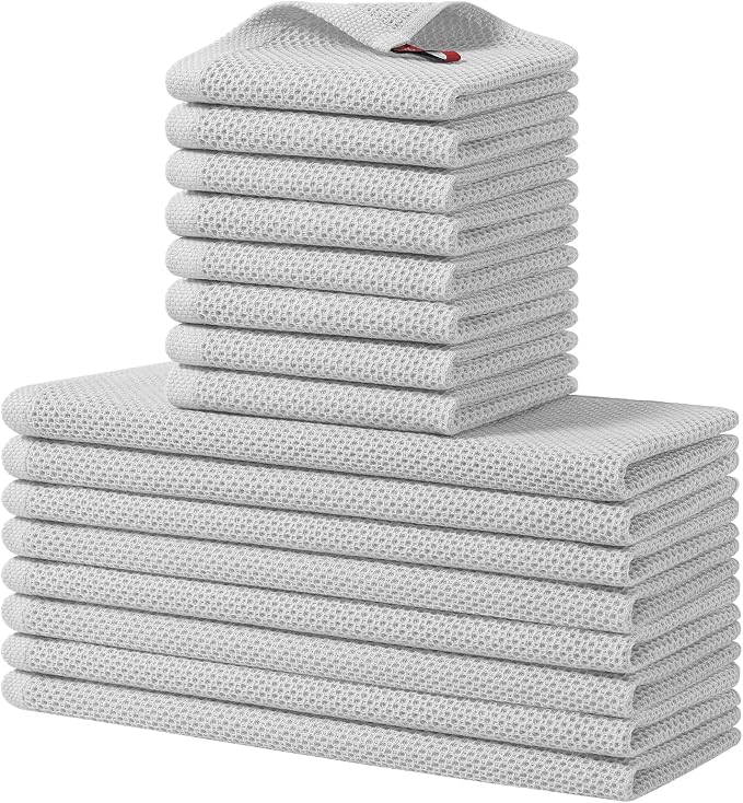 Homaxy 16 Pack 100% Cotton Kitchen Towels and Dishcloths Set, Light Gray | 12 x 12 Inches and 13 x 28 Inches Kitchen Towels Set, Ultra Soft Absorbent Dish Cloths for Washing Dishes by Homaxy