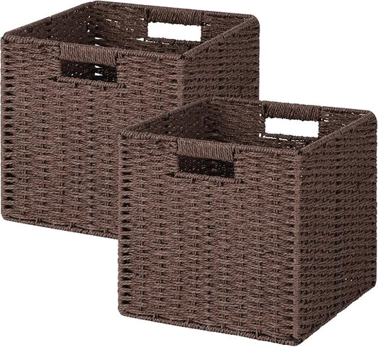Patvingot 11-Inch Paper Rope Wicker Basket with Built-In Handles,2 Pack | For books, throws and accessories on open shelves, decorative woven texture, metal frame supports the shape, folds flat by Patvingot