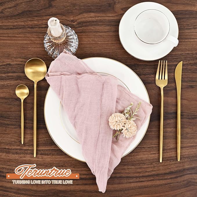 42 Packs Gauze Cheesecloth Napkins 20 x 20 Inch Dusty Pink Wrinkled Dinner Napkins, Pink Rustic Boho Soft Cloth Napkin for Wedding Party Event Dinner Table Decoration - Image 4