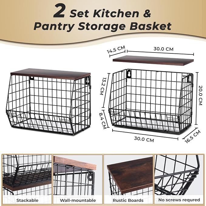 Mefirt 2pcs Fruit Basket Kitchen Storage Basket with Wood Lid | Stackable Wall Fruit Basket for Kitchen, Countertop Organizer for Snack, Fruit and Veggie Storage, 11.8 x 7.9 x 8.5 Inch - Image 2