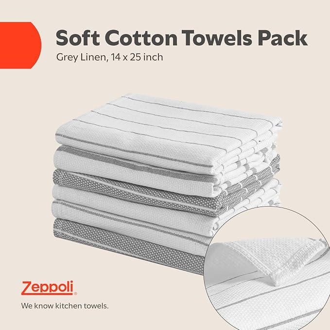 Zeppoli Classic Kitchen Towels - 6 Pack 100% Natural Cotton Towel Set, Reusable Wash Cloths, Absorbent Dish Towels, Machine Washable Hand Towels, Kitchen Essentials, 20” x 28” - Gray VAR - Image 2