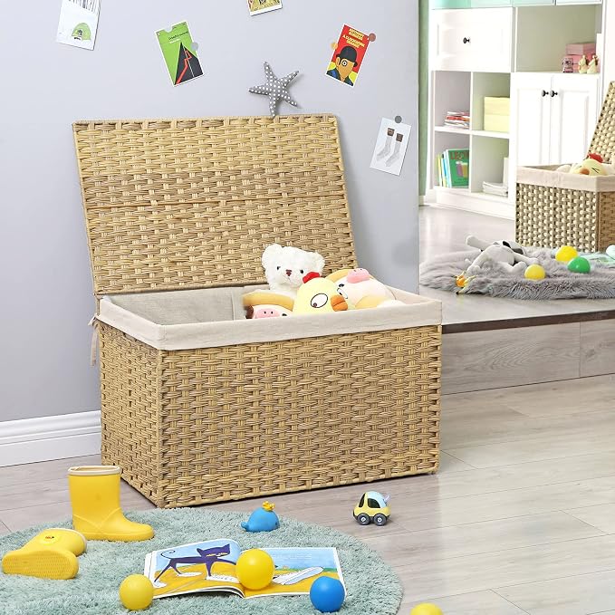 SONGMICS Storage Basket with Lid, Woven Blanket Storage Bin with Handles, Foldable, Removable Liner, Metal Frame, for Bedroom, Laundry Room, 42.3 Gallons (160 L), Natural URST76NL - Image 2