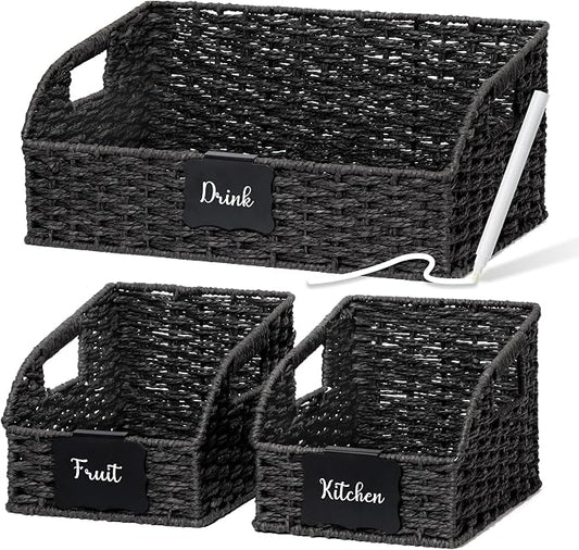 Pantry Organizers, Handwoven Large Wicker Baskets for Shelves, Labeled Storage Baskets for Organizing with Handles - Paper Storage Bins, Boho Decorative, 3 Pack, Black by Unknown