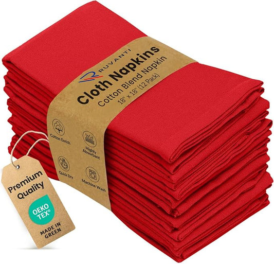 Ruvanti Cloth Napkins Set of 12, 18x18 Inches Napkins Cloth Washable, Soft, Durable, Absorbent, Cotton Blend. Table Dinner Napkins Cloth for Hotel, Weddings, Dinner, Christmas Parties - Red by Ruvanti
