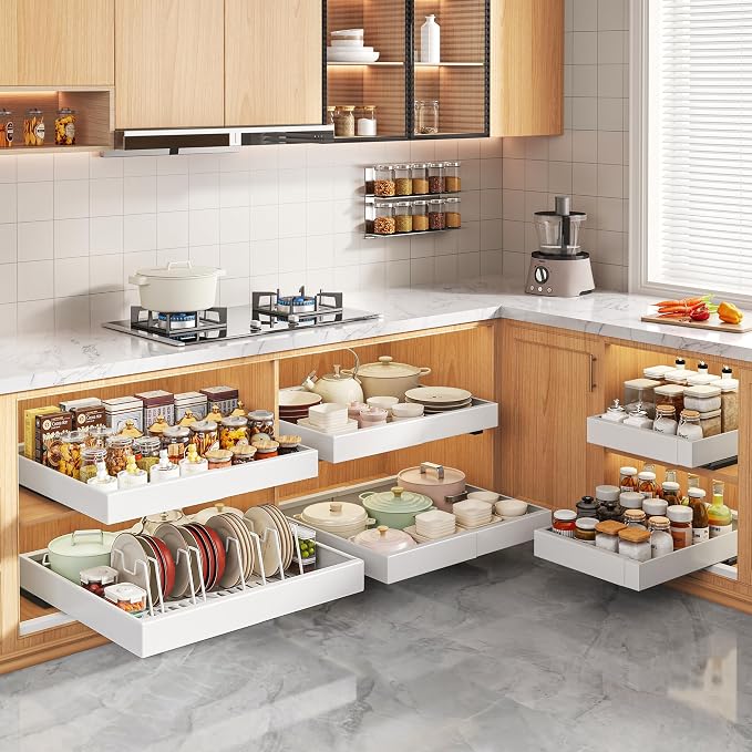 Seinloes 6 Pack Pull Out Cabinet Organizers 21" Deep With Raising Pad for Framed Cabinets, Expandable Slide Out Drawers with 4pcs Divider Racks, Roll Out Shelves, Adjustable Width 12"-20.45" White - Image 7