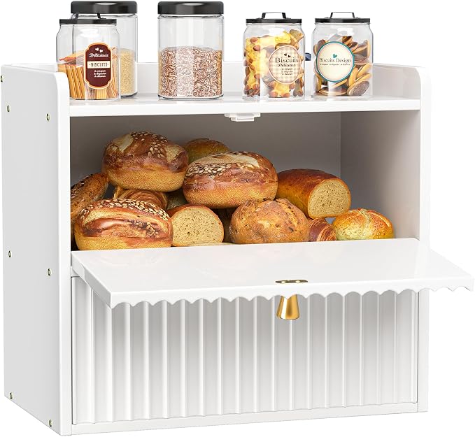 Bread Box for Kitchen Countertop, Large Bread Storage Container for Homemade Bread, Double Layer Farmhouse Breadbox Organizer, Vintage Bamboo Wooden Bread Holder Bin, White - Image 9