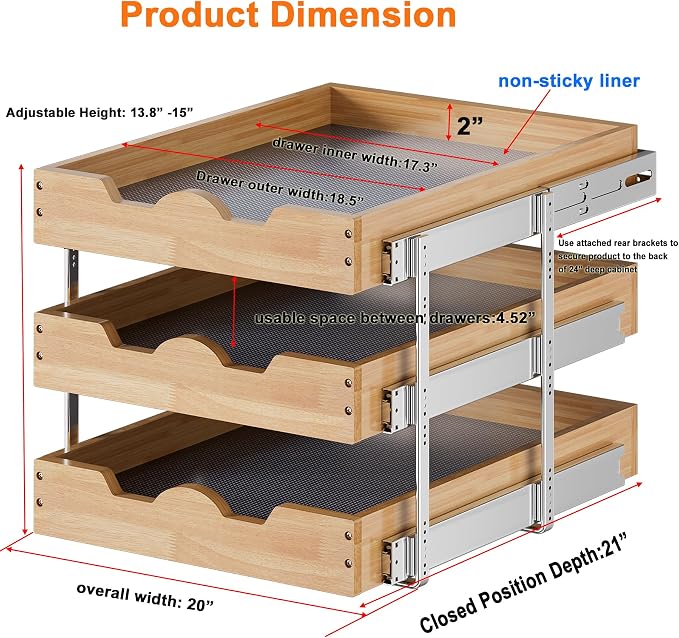 DINDON 3 Tier Pull Out Cabinet Organizer 20”W X21”D Slide Out Shelves With Shelf Liner for Kitchen Wood Roll Out Drawers Pantry Organization - Image 2
