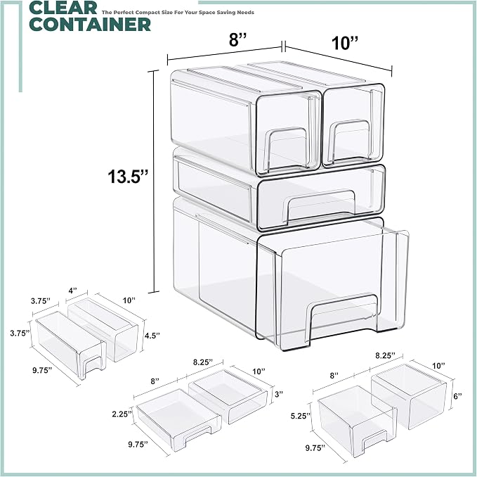 Sorbus Clear Stackable Storage Drawers, 4-Piece Set 1 Large, 1 Medium & 2 Small Pull-Out Plastic Organizer Bins with Handles for Bathroom, Closet, Pantry, Cabinet & Medicine Storage - Image 3