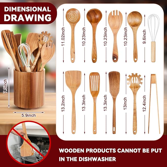 SiliFine 11 Pcs Wooden Kitchen Utensils Set with 360° Straight Rotating Holder Acacia Wood Cooking Utensils with Cooking Spoons Spatulas Nonstick Cookware Countertop Kitchen Decorations(Natural) - Image 2