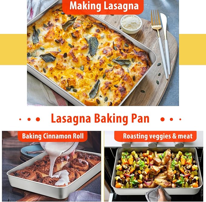 TeamFar Stainless Steel Bakeware Set of 7 | Baking Sheet & Toaster Oven Pan, Square & Round Cake Pan, Muffin Pan & Loaf Pan, Lasagna Pan, Healthy & Sturdy, Easy Clean - Image 5