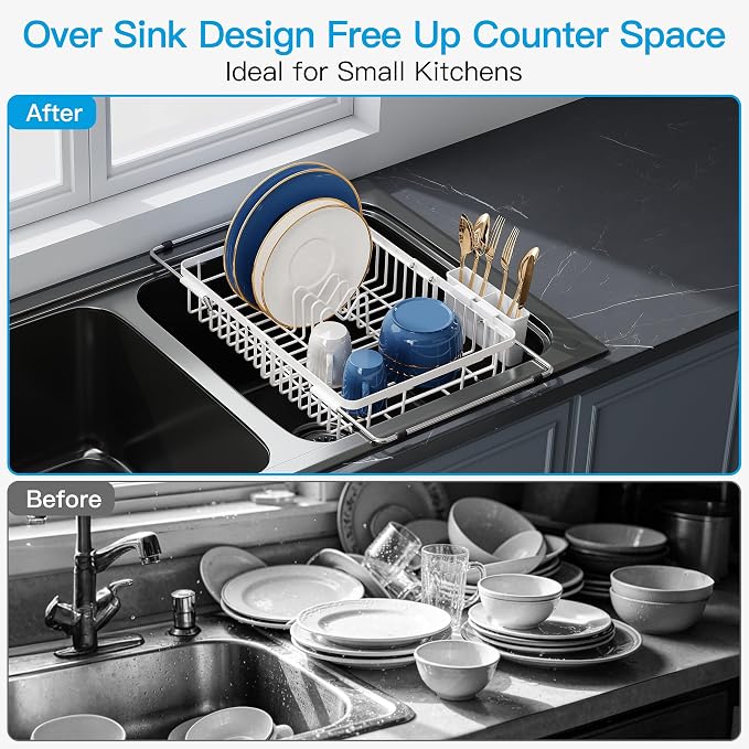JASIWAY White Dish Drying Rack Over the Sink with Utensil Holder | Expandable Stainless Steel Dish Driainers for Small Kitchen, Counter Space Saving, Fast Drain, Rust Resistant, For Apartment - Image 2