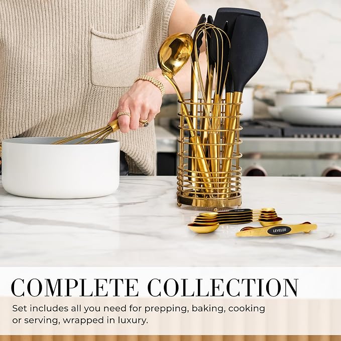 Styled Settings Black and Gold Kitchen Utensils Set, 15-Piece | Nonstick BPA-Free Silicone Coooking Utensils, Gold Utensil Holder, & Magnetic Measuring Spoons - Stylish Kitchen Accessories - Image 3