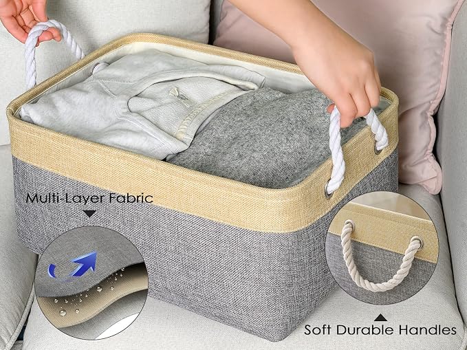 Decorative Basket Rectangular Fabric Storage Bin Organizer Basket with Handles for Clothes Storage (Gold&Grey, Medium-1Pack,13.8L*9.8W*6.7H) - Image 5