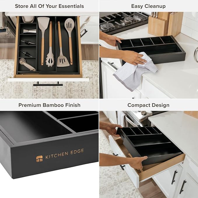 Utensil & Junk Drawer Organizer, 10.5-19 in, Black Bamboo | Food-safe contract grade, 100% sustainable wood, non-slip, adjustable - Image 3