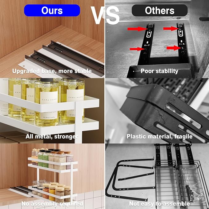 Mustorn 2 Pack Pull Out Spice Rack Organizer for Cabinet, 2 Tier Metal Slide Out Seasoning Organizer and Storage Heavy Duty Vertical Spice Rack Shelf Pullout for Kitchen Cabinets No Drilling (White) - Image 5