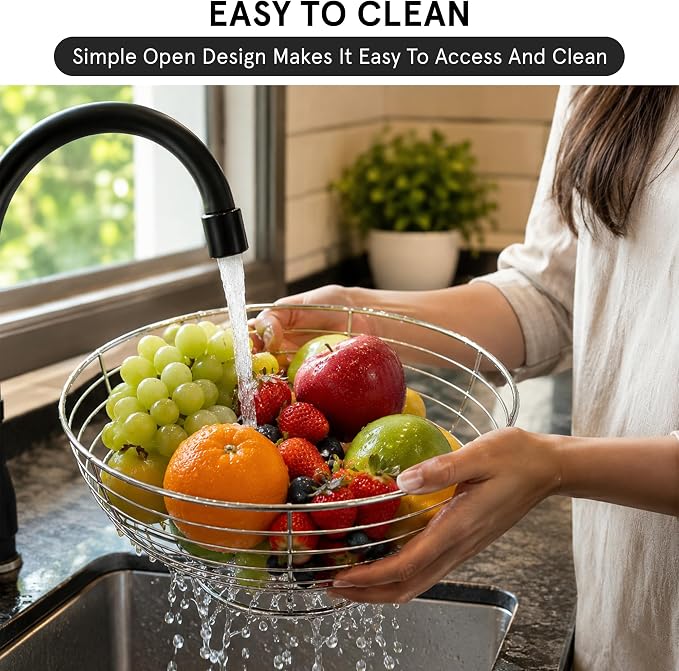 Metal Fruit Basket for Kitchen Counter, Chrome | Metal Fruit & Vegetable Storage Basket, Easy to Assemble, Kitchen Countertop Fruit Bowl - Image 5